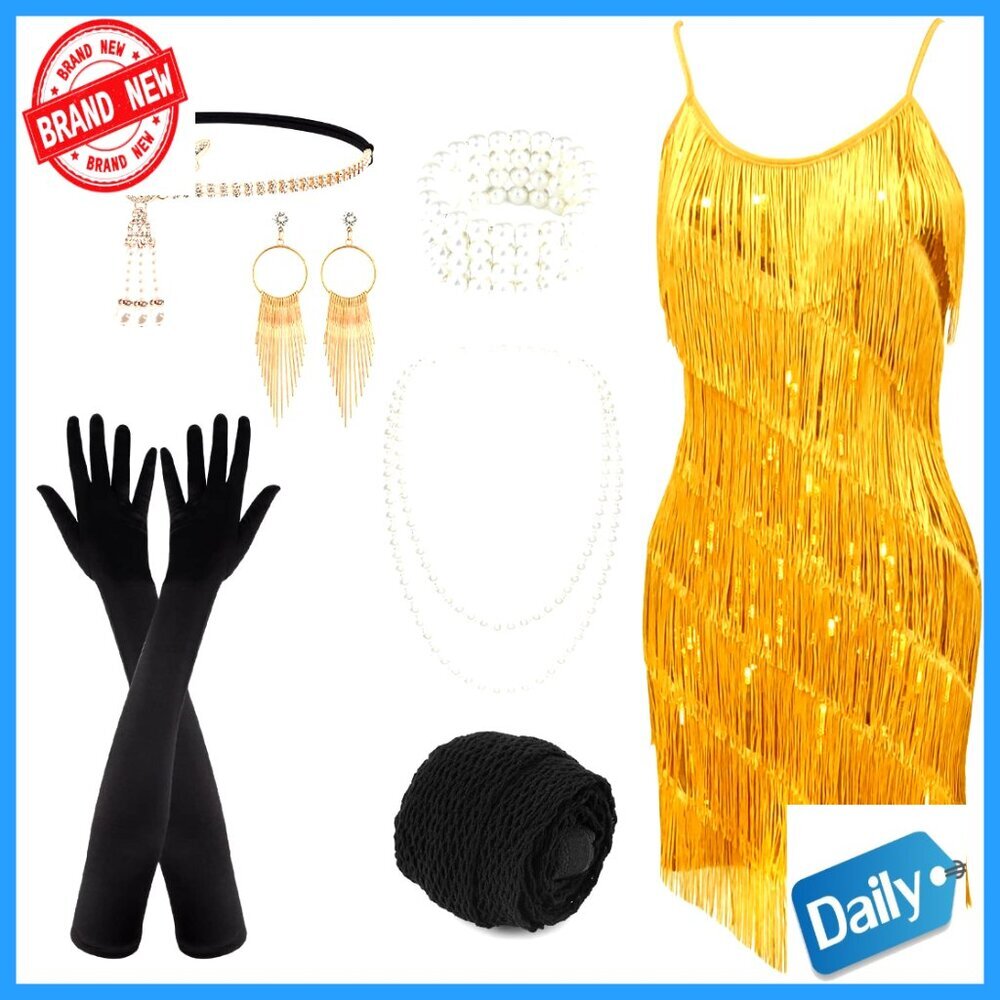 Sequin Fringed Flapper Dress Set with Accessories Vintage Gatsby Costume